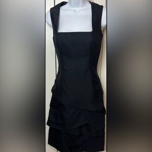 REISS Black Dress Elegant Wool Silk Square Neckline Tiered Pencil Lined Size 2